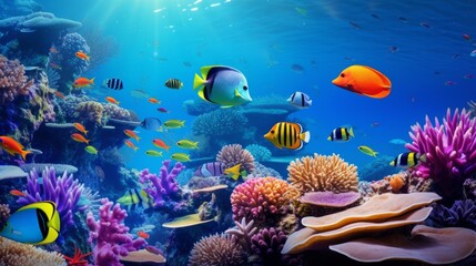 Naklejka na ściany i meble A Vibrant Underwater World of Colorful Tropical Fishes. A Look into the Diverse and Complex Ecosystem of the Ocean