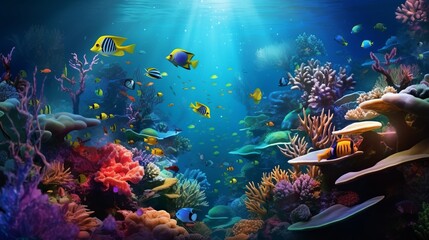 Naklejka na ściany i meble A Vibrant Underwater World of Colorful Tropical Fishes. A Look into the Diverse and Complex Ecosystem of the Ocean