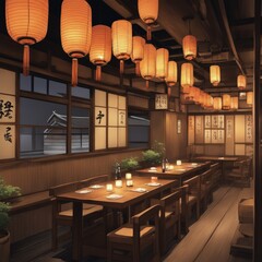 Traditional Izakaya Ambiance: Small Plates, Sake, and Lantern Glow, AI Generated.