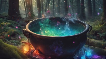 Witch's Cauldron: Colorful Magical Brew in Dark Mystical Forest, AI Generated.