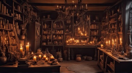 Fototapeta na wymiar Mystical Witch's Lair: Potions, Spellbooks, and Candlelit Enchantment, Halloween, AI Generated.