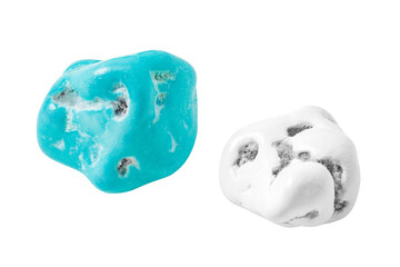 Candies in multicolored icing sugar, close-up, isolated on white background with clipping path