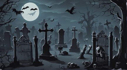 Spooky Haunted Graveyard: Tombstones, Skeletons, and Creepy Creatures, Halloween, AI Generated.
