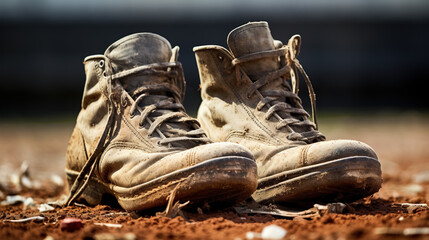 A pair of old, worn-out trekking boots on dirt ground.