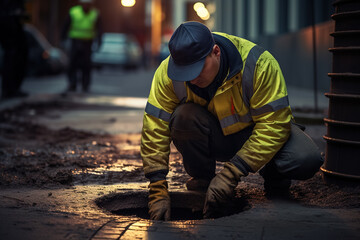 A worker wearing uniform looks through an open manhole, involved in sewer repair.