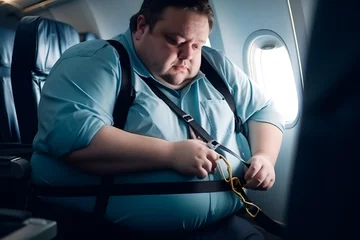 Photo sur Plexiglas Avion Problem of Fat obese Man passenger fastening Seat belt on airplane