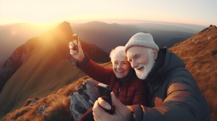 Senior tourist couple man and woman hiking and taking selfie at top beautiful mountains, sunset light - obrazy, fototapety, plakaty