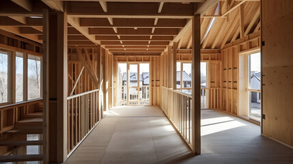 Fototapeta na wymiar Banner construction industry wooden house. Interior frame of new wood building truss, post and beam framework