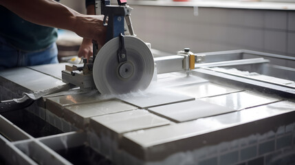 Tiler working on building home. Construction worker cut large ceramic tile
