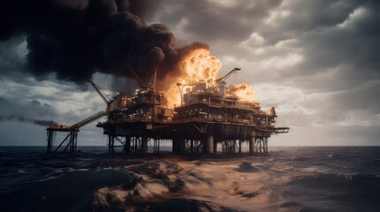 Oil rig burning, Gas fire explosion on at sea water, sunset light. Accident on offshore petroleum platform. Generation AI - obrazy, fototapety, plakaty