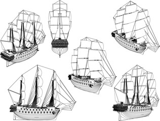 Sketch vector illustration of a sailing ship design with a cannon