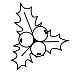 Christmas Holly berry vector icon isolated on white background. Symbol of berries with leaves. Vector floral element for greeting card and invitation design. Black white line illustration.