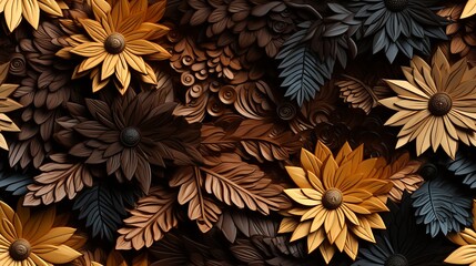 Floral background. Yellow and black flowers with leaves