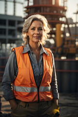 Fototapeta premium Full body shot of a mid age woman working on a construction site in warm sunlight flare. Image created using artificial intelligence.
