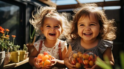 Fototapeta premium Happy sister play together with bubble on sunny day