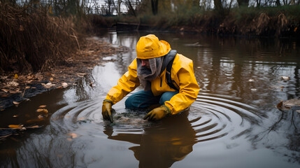 Technician man in full body protective suit collecting sample of river. Concept portable water quality measurement.