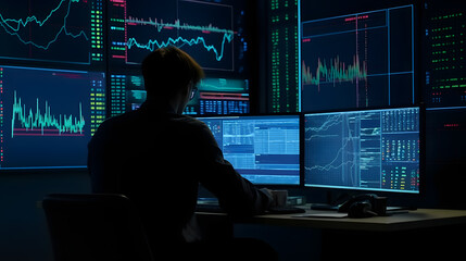 Market Charts , Banner crypto currency trader, Financial stock exchange working on computer screen, , neon color. Generation AI.
