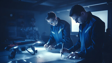 Aerospace engineers working on prototype of unmanned aerial drone. Concept new secret model industrial or military aircraft.