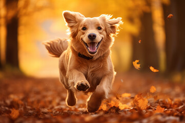 Happy dog running in the falling autumn leaves