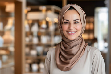 Smiling 45 year old woman with headscarf posing in a duty free store.