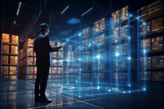 Futuristic digital warehouse using augmented reality: smart logistics, ecommerce and delivery concept in modern industry. A man witch tablet.
