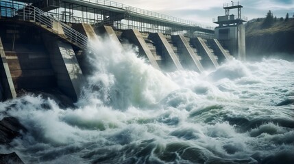 close-up of hydroelectric power plant, with the rushing water and electricity visible