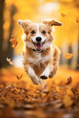 Happy dog running in the falling autumn leaves