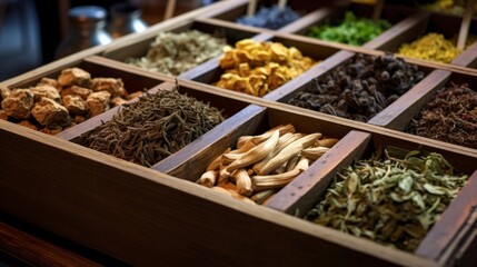close-up of a box of herbs in the old herbal store, herb business background concept