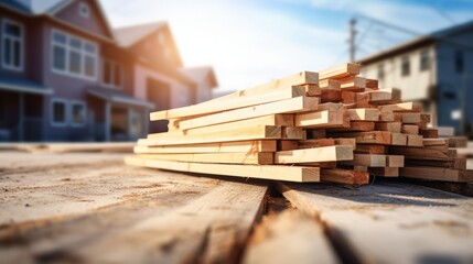 Closeup pile of wood with blurred house under construction in background