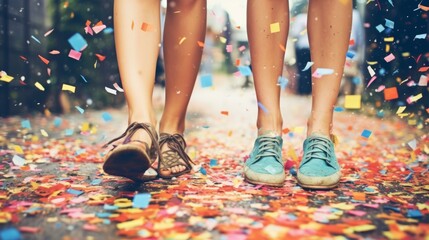 close up of legs women and confetti outdoor