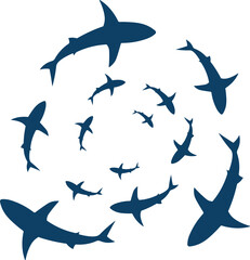 Illustration of a spinning group of sharks. - obrazy, fototapety, plakaty