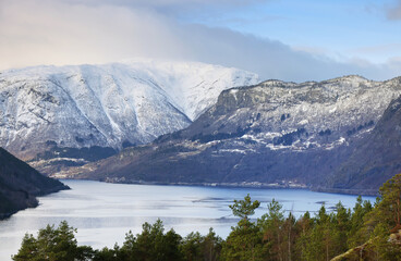 Naklejka premium Alpine winter landscape near Sogndalsfjora in Norway, Europe 