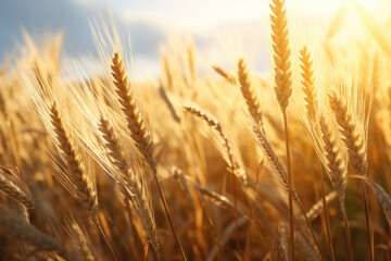 Fototapeta premium Close up of ripe wheat ears. Ripening ears of golden field. Sun setting over the meadow. Generative AI