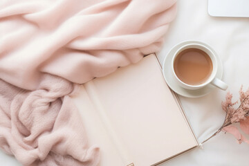 Top view of a planner, a mug of coffee and a woolen scarf in pink colors. Generative AI