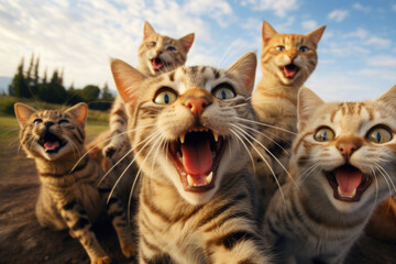 A group of cats taking a selfie on a blurred background. Generative AI - Powered by Adobe