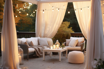 Cozy outdoor terrace with table and chairs. Candles, curtains, led string party lights in the evening. Generative AI