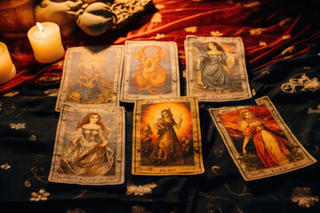A pile of tarot cards scattered across a table top. Esoteric background. Fortune telling, tarot predictions. Generative AI