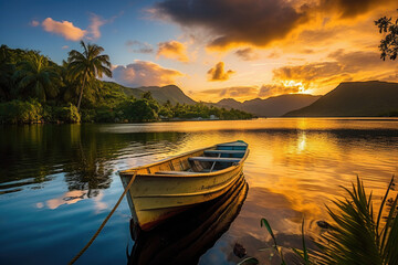 Obraz premium The morning sun shone on the lake and the boat swayed gently. Generative AI