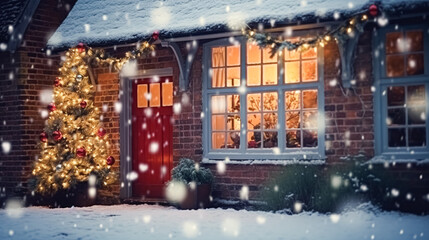 Fototapeta na wymiar Christmas in the countryside, cottage and garden decorated for holidays on a snowy winter evening with snow and holiday lights, English country styling