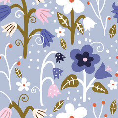 seamless flower pattern with white, pink,blue and red flower and leaves and dot on blue background.