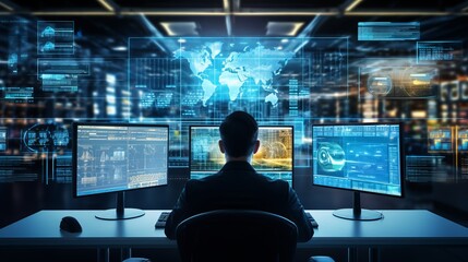 Cutting-edge control center. aI algorithms analyze and safeguard valuable against complex cyber threats. synergy between human expertise and advanced technological defense mechanisms - obrazy, fototapety, plakaty