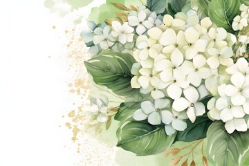 Watercolor white Hydrangeas on white background, wedding invitation