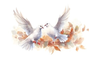 Watercolor white doves on white background, wedding invitation - obrazy, fototapety, plakaty