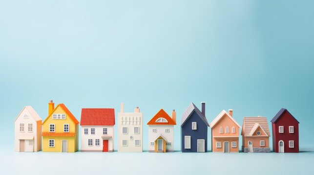 Different figures of houses on color background. Concept of buying real estate