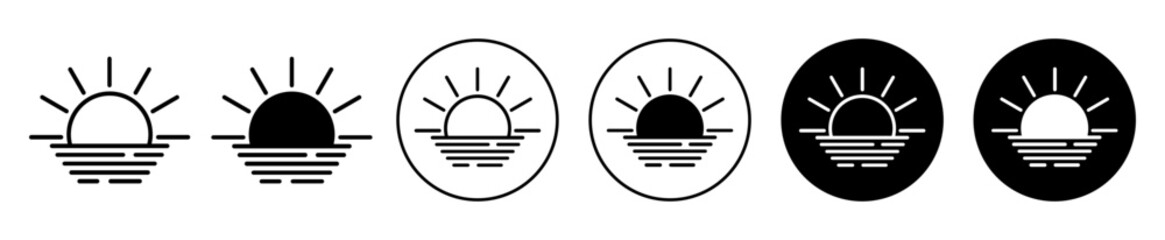 sunset icon. Bright Sunrise view symbol. Sunshine in morning or evening vector. Sun light in summer season sign. Sunburst logo.