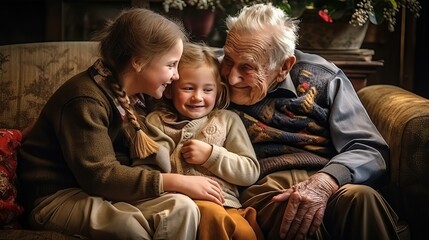 Grandparent with kid sit on sofa, heartwarming family 