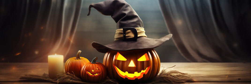 Beleuchteter K&uuml;rbis mit Hexenhut auf Holzbrett, Dekorativer Halloween Hintergrund Banner