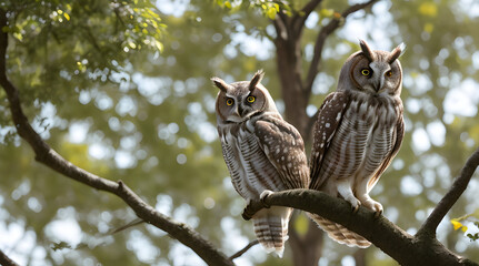 Obraz premium Two owls sitting in a branch