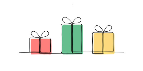 Continuous one line drawing of gift boxes with ribbon and bow. Present for Christmas, birthday and other holidays. Line Art. Minimalistic linear vector illustration with bright accent spots.