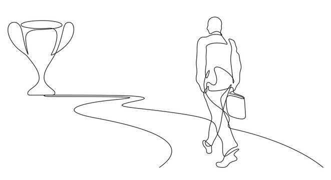 business man walking on the road to success trophy award in continuous line drawing